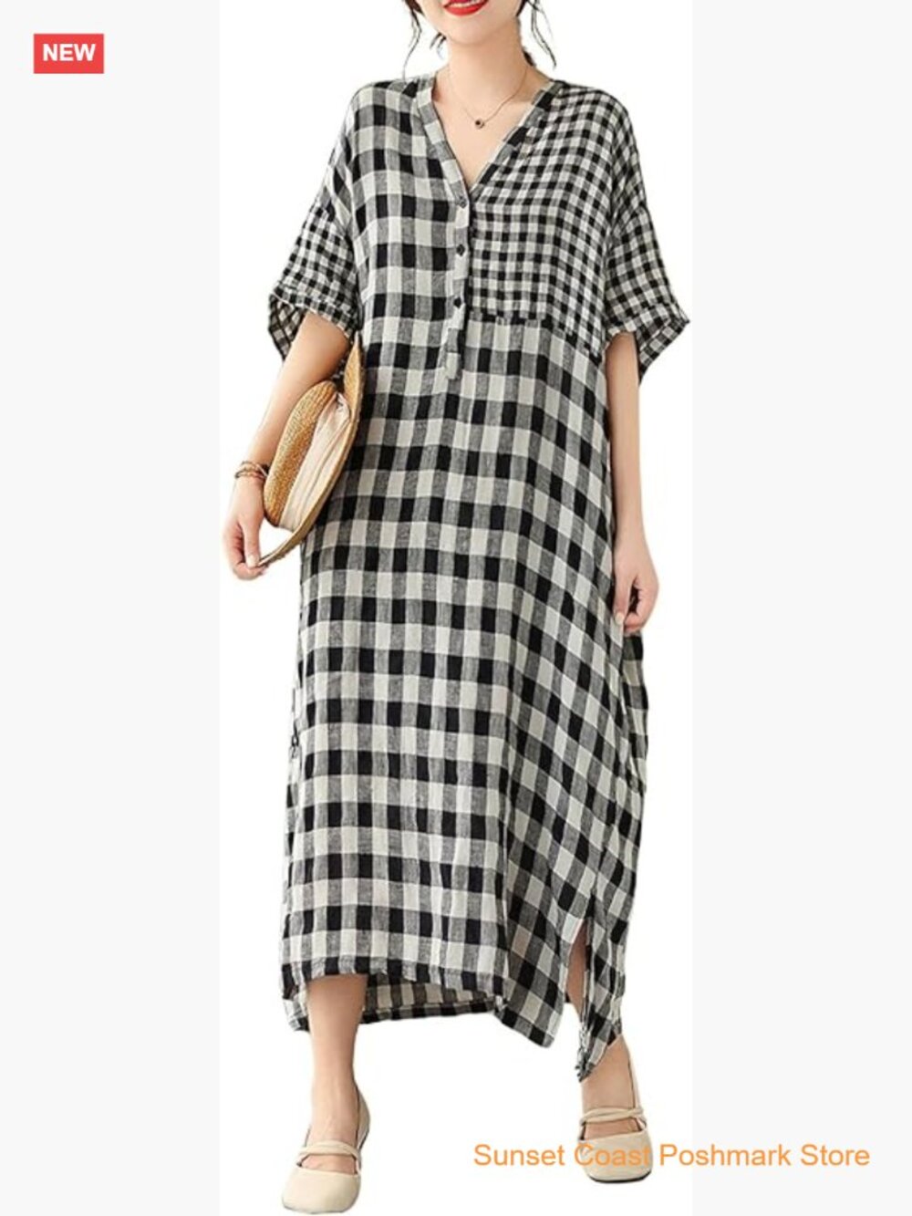 Women's Summer Casual Loose Linen Midi Dress Oversized Plaid Gingham Swing Dress